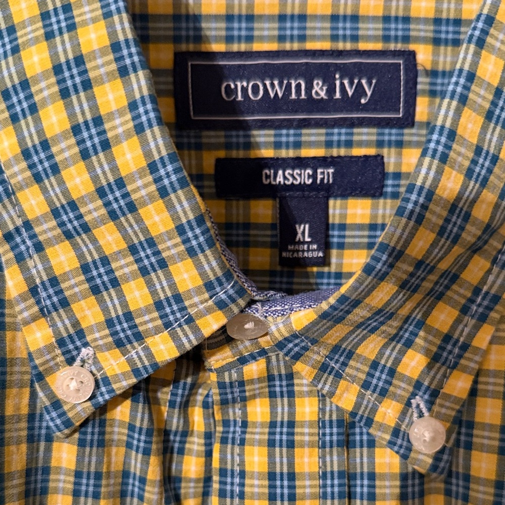 Crown & Ivy Men's Classic Yellow and Blue Check Shirt